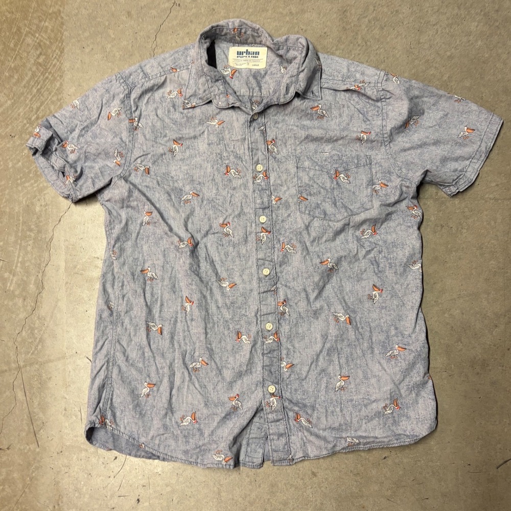 Urban Pipeline Mens Large Blue Pelican Print Short Sleeve Button Down Shirt
